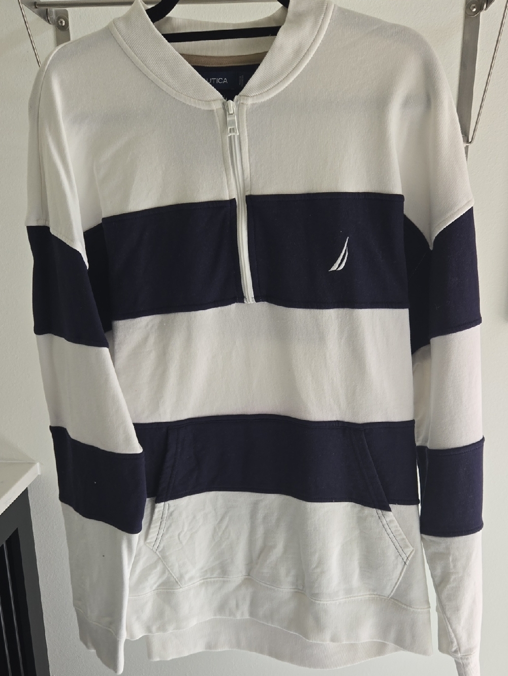 Nautica White and Navy Blue Quarter-Zip Striped Pullover Hoodie